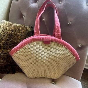 Rolfs Woven Straw Purse Handbag Cream With Pink Straps